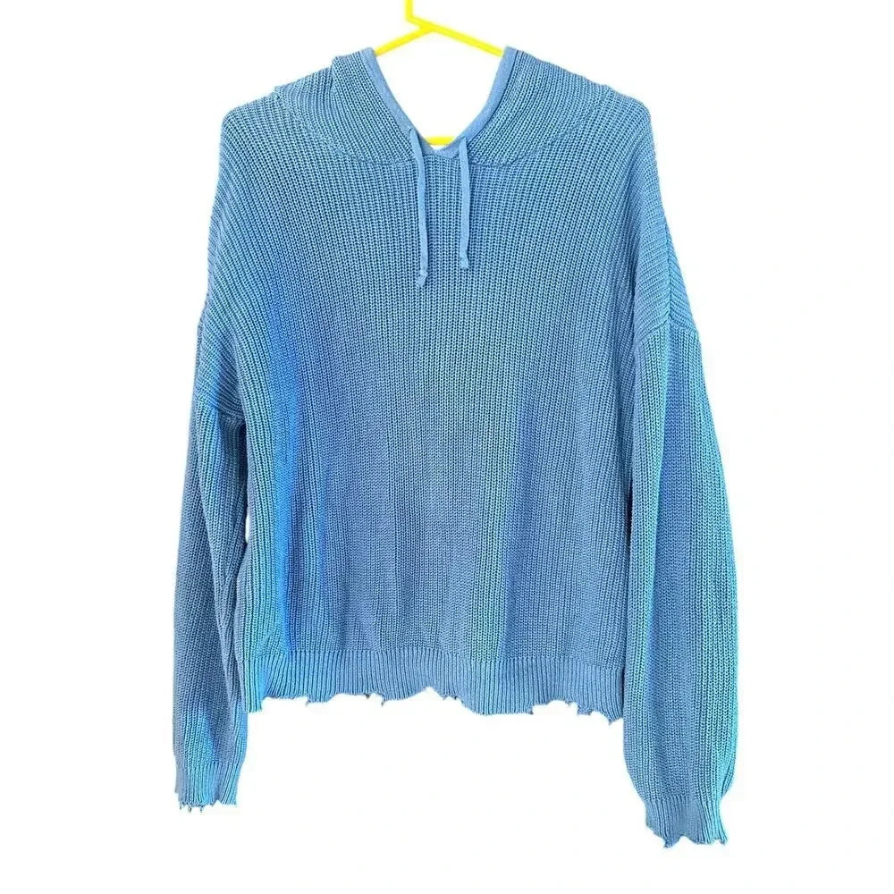 Aqua Blue 100% Cotton Ribbed knit Hooded Sweatshirt Size Medium